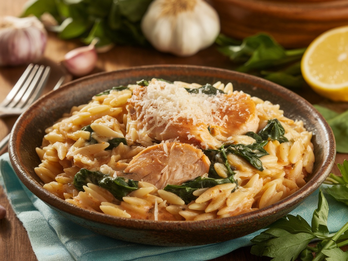 A delicious bowl of creamy chicken orzo with spinach and Parmesan, on a rustic wooden table.